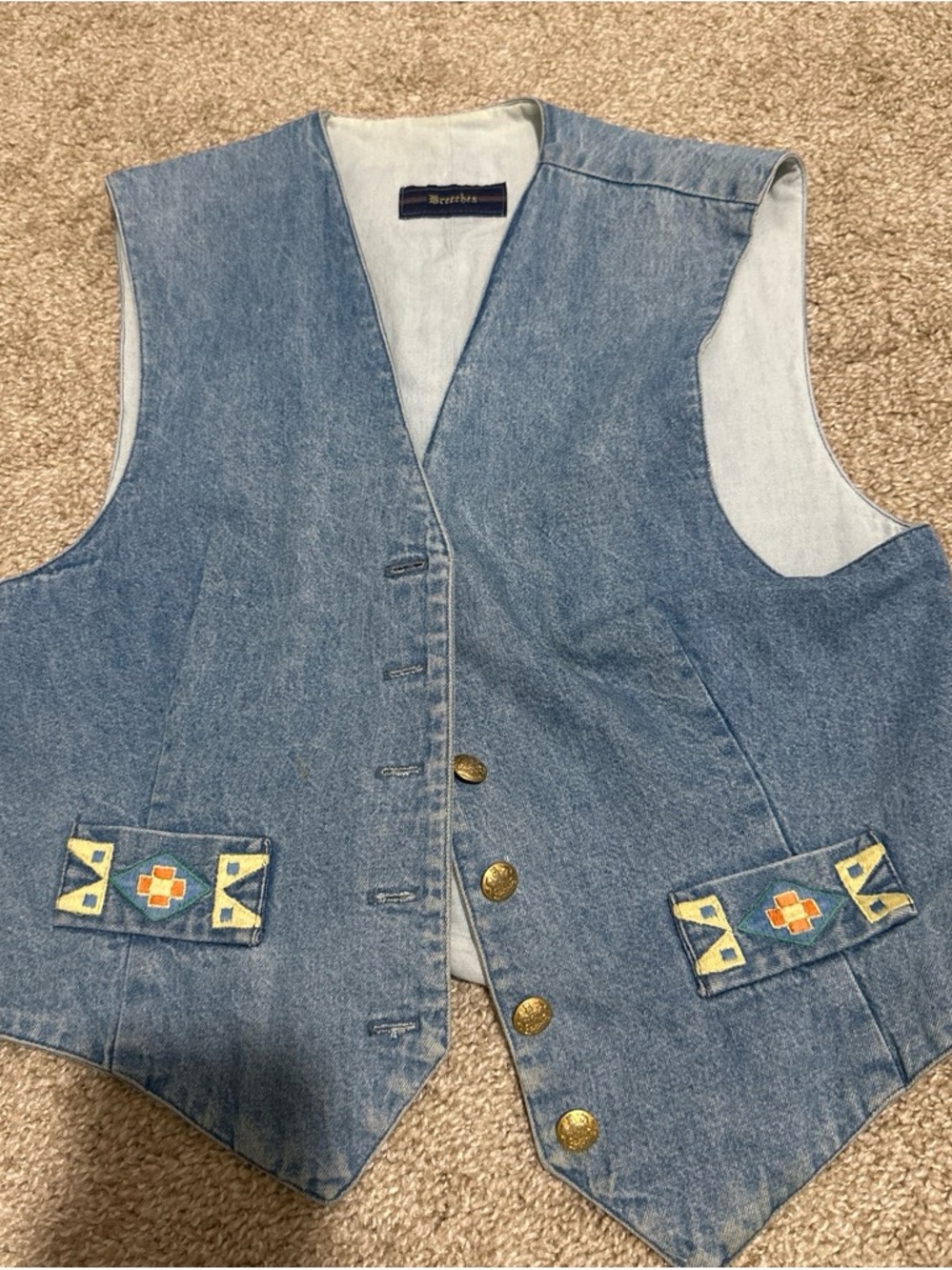 Vintage Denim Embroidered Pocket Vest - Blue
